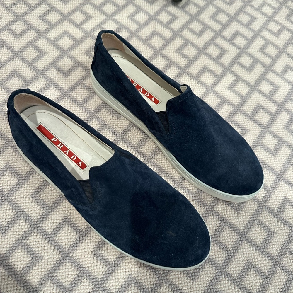 Prada navy blue suede slip-on loafers